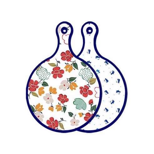 로엠디자인 블루에디션 양면 원형 서빙 도마 floral 목련 패턴, 팽귄, 1개