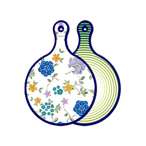 로엠디자인 블루 에디션 양면 원형 서빙 도마 보드 로맨틱블루floral화이트, 채소라인그린, 1개