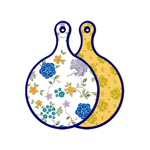로엠디자인 블루 에디션 양면 원형 서빙 도마 보드 로맨틱블루floral화이트, 오렌지넝쿨로즈, 1개