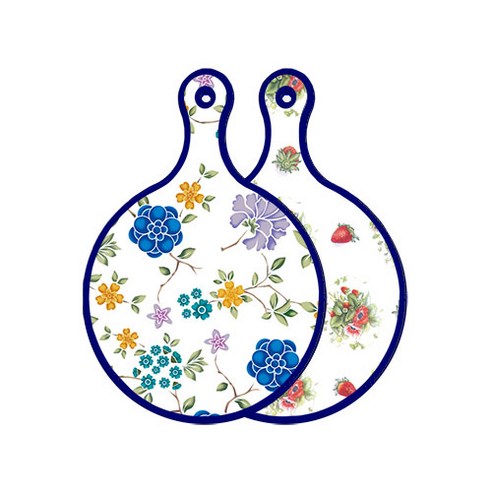 로엠디자인 블루 에디션 양면 원형 서빙 도마 보드 로맨틱블루floral화이트, 딸기아트웍, 1개
