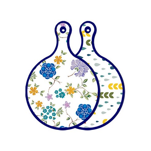 로엠디자인 블루 에디션 양면 원형 서빙 도마 보드 로맨틱블루floral화이트, 빗물과새싹패턴, 1개