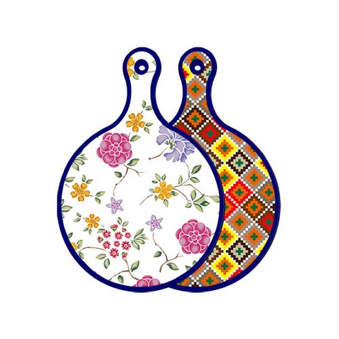 로엠디자인 블루 에디션 양면 원형 서빙 도마 보드 로맨틱레드floral화이트, 체크라인다이아, 1개