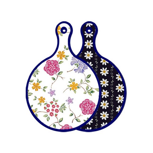 로엠디자인 블루 에디션 양면 원형 서빙 도마 보드 로맨틱레드floral화이트, 클래식플라워, 1개