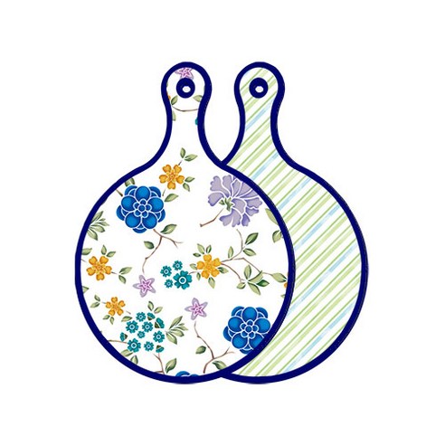 로엠디자인 블루 에디션 양면 원형 서빙 도마 보드 로맨틱블루floral화이트, 청백색사선, 1개