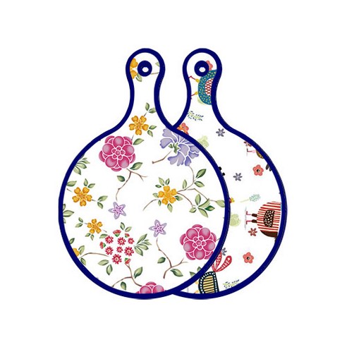 로엠디자인 블루 에디션 양면 원형 서빙 도마 보드 로맨틱레드floral화이트, 닭패턴, 1개