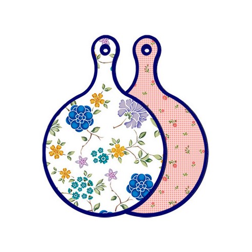 로엠디자인 블루 에디션 양면 원형 서빙 도마 보드 로맨틱블루floral화이트, 핑크플라워체크, 1개