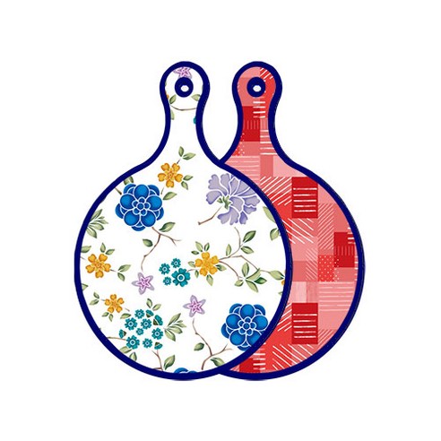 로엠디자인 블루 에디션 양면 원형 서빙 도마 보드 로맨틱블루floral화이트, 장단색체크, 1개