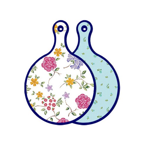 로엠디자인 블루 에디션 양면 원형 서빙 도마 보드 로맨틱레드floral화이트, 옥색플라워체크, 1개