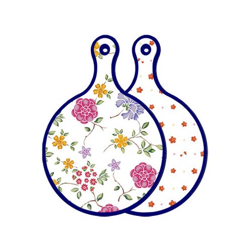 로엠디자인 블루 에디션 양면 원형 서빙 도마 보드 로맨틱레드floral화이트, 장단색나팔꽃, 1개