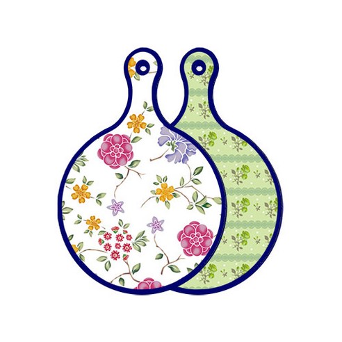 로엠디자인 블루 에디션 양면 원형 서빙 도마 보드 로맨틱레드floral화이트, 그린로즈, 1개