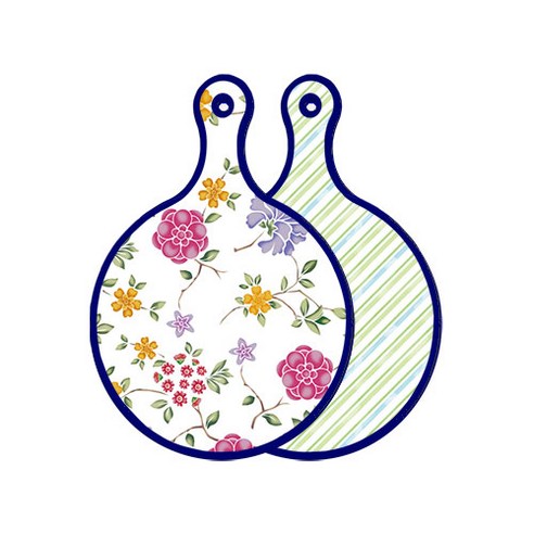 로엠디자인 블루 에디션 양면 원형 서빙 도마 보드 로맨틱레드floral화이트, 청백색사선, 1개