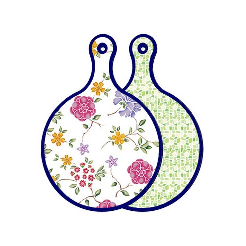 로엠디자인 블루 에디션 양면 원형 서빙 도마 보드 로맨틱레드floral화이트, 그린타일, 1개