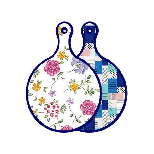 로엠디자인 블루 에디션 양면 원형 서빙 도마 보드 로맨틱레드floral화이트, 청색체크, 1개