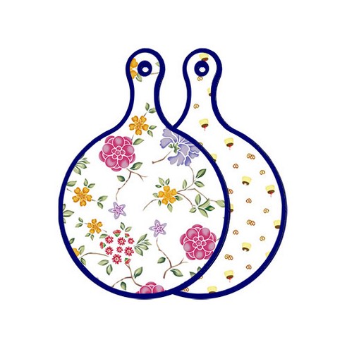 로엠디자인 블루 에디션 양면 원형 서빙 도마 보드 로맨틱레드floral화이트, 푸딩, 1개