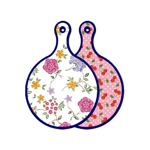 로엠디자인 블루 에디션 양면 원형 서빙 도마 보드 로맨틱레드floral화이트, 핑크체리, 1개