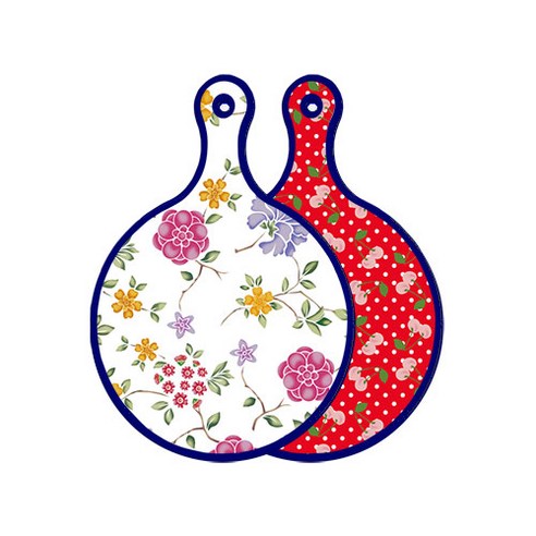 로엠디자인 블루 에디션 양면 원형 서빙 도마 보드 로맨틱레드floral화이트, 레드체리, 1개