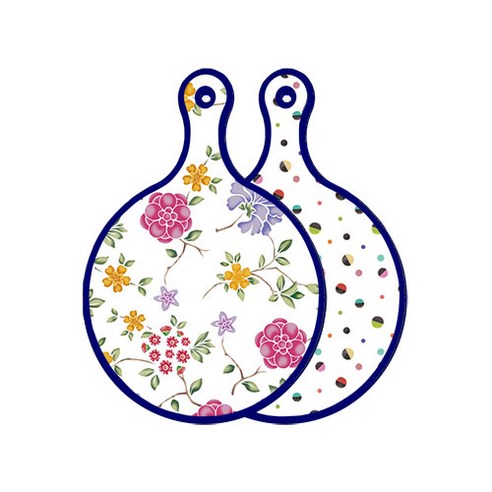 로엠디자인 블루 에디션 양면 원형 서빙 도마 보드 로맨틱레드floral화이트, 배색원형, 1개