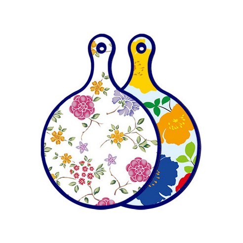 로엠디자인 블루 에디션 양면 원형 서빙 도마 보드 로맨틱레드floral화이트, 국화블루옥색, 1개