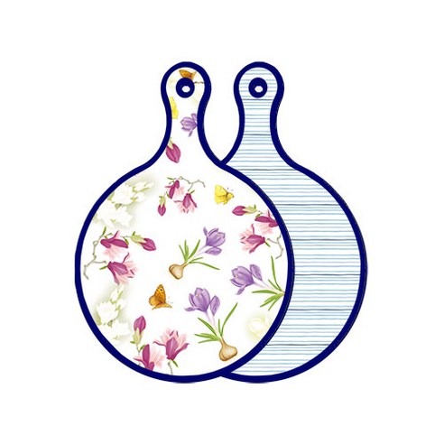 로엠디자인 블루 에디션 양면 원형 서빙 도마 보드 로맨틱청자색floral, 삼청색라인, 1개
