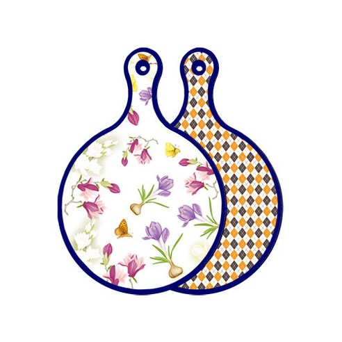 로엠디자인 블루 에디션 양면 원형 서빙 도마 보드 로맨틱청자색floral, 잉글랜드행황색체크, 1개