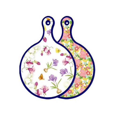 로엠디자인 블루에디션 양면 디자인 원형 서빙도마 로맨틱청자색floral, 분홍장미넝쿨, 1개
