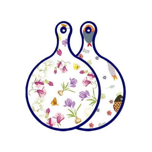 로엠디자인 블루에디션 양면 디자인 원형 서빙도마 로맨틱청자색floral, 물고기패턴, 1개