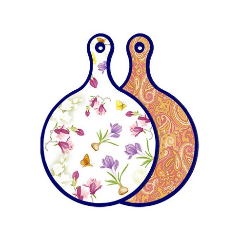 로엠디자인 블루에디션 양면 디자인 원형 서빙도마 로맨틱청자색floral, 적황색라인아트, 1개