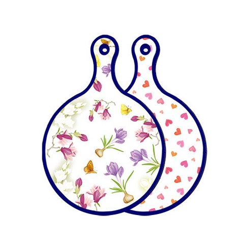 로엠디자인 블루 에디션 양면 원형 서빙 도마 보드 로맨틱청자색floral, 연분홍색러브, 1개