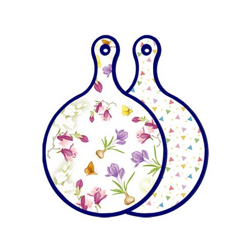 로엠디자인 블루 에디션 양면 원형 서빙 도마 보드 로맨틱청자색floral, Happy삼각패턴, 1개