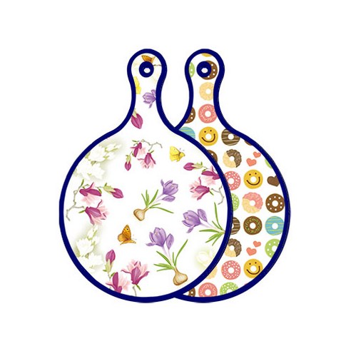 로엠디자인 블루 에디션 양면 원형 서빙 도마 보드 로맨틱청자색floral, 도넛, 1개