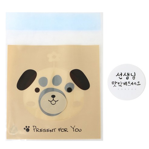황씨네도시락 접착 애니멀 봉투 강아지 100p + 선생님 맛있게드세요 캘리 원형 스티커 화이트 100p, 1세트
