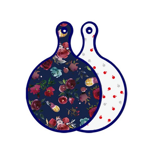 로엠디자인 블루에디션 양면 원형 서빙보드 도마 블루톤플라워, 구색사과보드, 1개