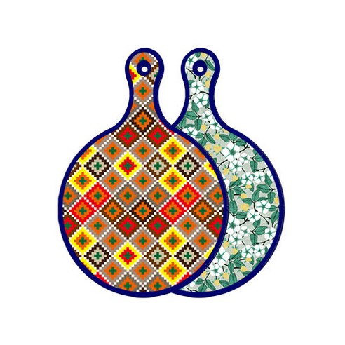 로엠디자인 블루에디션 양면 원형 서빙보드 도마 체크라인다이아, 플라워회색보드, 1개