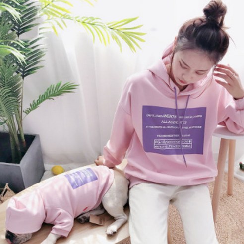 지와이에이펫 S&H 기모 프린팅 후드 반려견 견주 커플옷, 라이트 핑크, 엘로 4XL