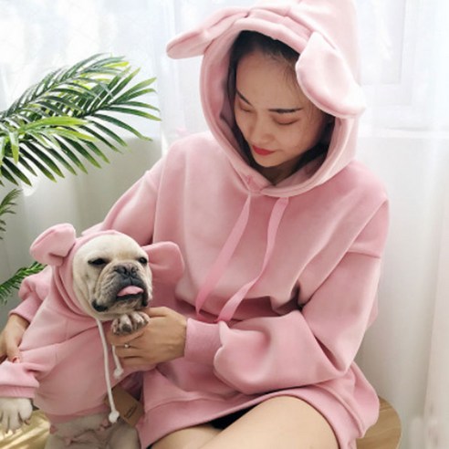 Noland S&H 벨벳 토끼 후드 견주 반려견 커플옷, 핑크, 1개