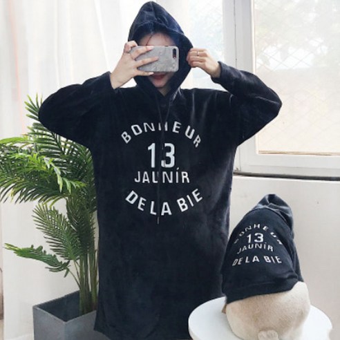 지와이에이펫 S&H 벨벳 롱 후드 반려견 견주 커플옷, 블랙