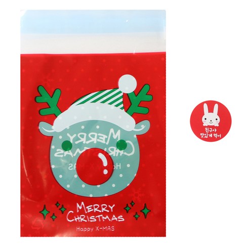 황씨네도시락 접착 레드루돌프 쿠키봉투 100p + 스티커 레드토끼 친구야 맛있게 먹어 100p, 1세트