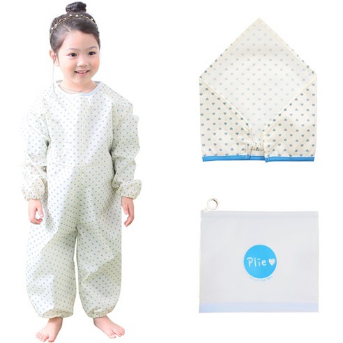 플리에 아동용 전신 미술가운 일반형 + 두건, 크림 + 하늘하트
