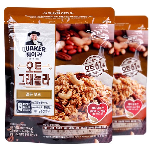 롯데제과 퀘이커 오트 그래놀라 시리얼 골든 넛츠, 200g, 2개