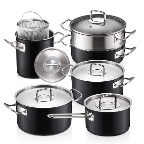 에델코첸 IH 솔리드 통3중 스테인리스 냄비세트 5종, 블랙, 편수 냄비 16cm + 펜토라 16cm + 양수 20cm + 곰솥 24cm + 캐서롤 24cm