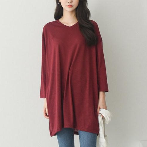 마른파이브 여성용 V넥 포인트 데일리 롱티셔츠