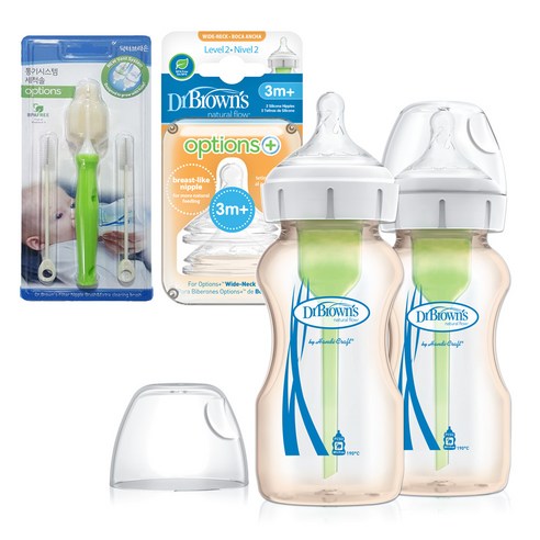 닥터브라운 와이드넥 옵션스 플러스 PESU젖병 270ml 2p + 젖꼭지 2p + 통기세척솔 세트, 2단계, 1개