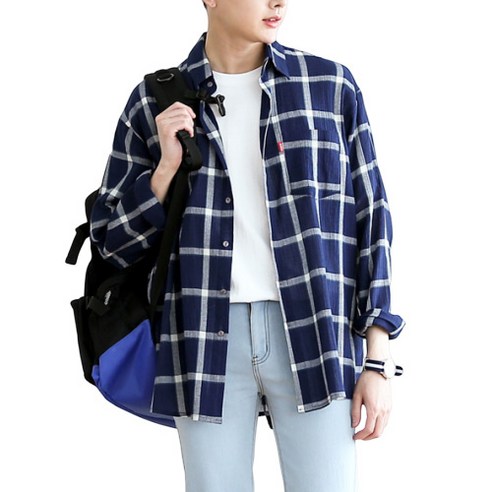 단군 남성용 베이직포켓 오버핏 체크 셔츠, 네이비