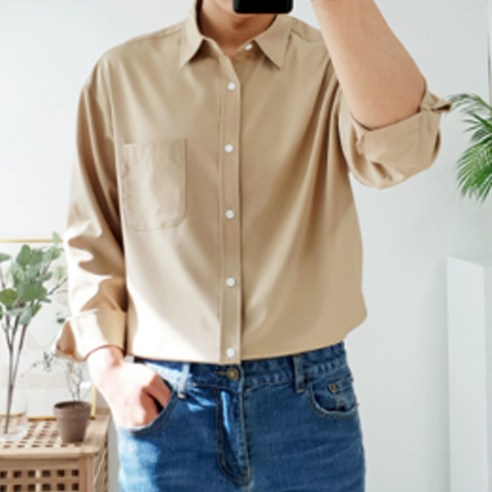 더클래식 남성용 오버핏 스판 링클프리 와이 카라 남방 셔츠, 베이지