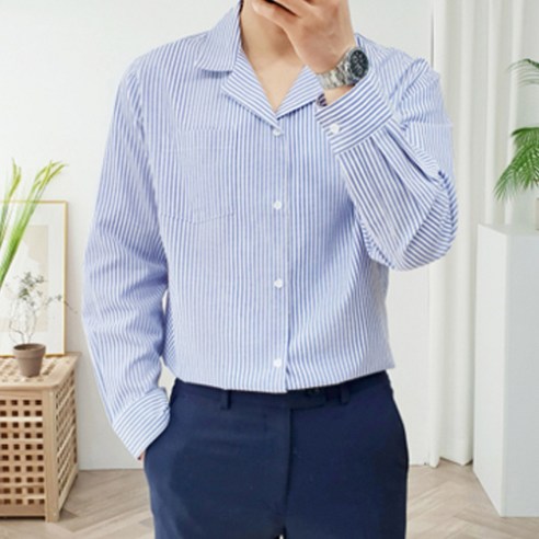 더클래식 남성용 포켓 스트라이프 오버핏 셔츠 오픈카라 563~2