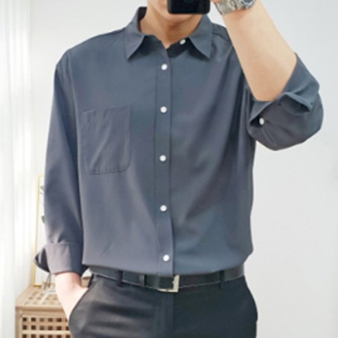 더클래식 남성용 오버핏 스판 링클프리 와이 카라 셔츠 남방, 다크차콜