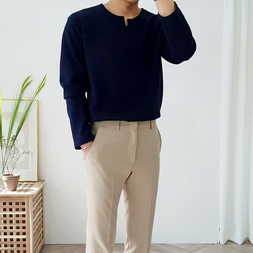 더클래식 남성용 엠보 V넥트임 긴팔 티셔츠