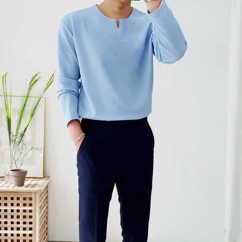 더클래식 남성용 엠보 V넥트임 긴팔 티셔츠