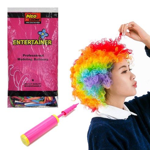 파티쇼 삐에로 풍선 가발 세트 + 손펌프 랜덤 발송, 무지개, 1세트