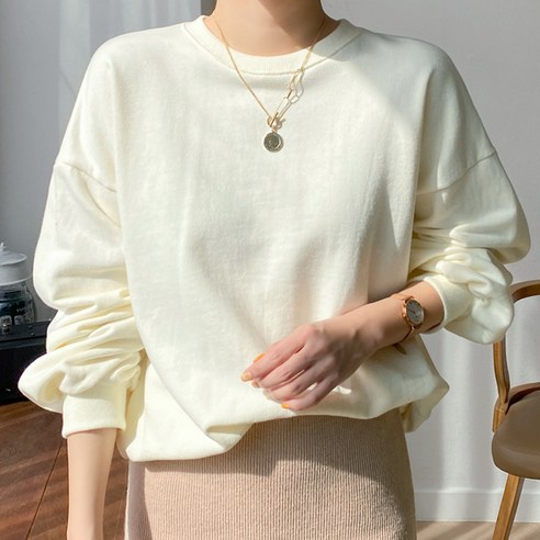아모르데이 여성용 데일리 베이직 라운드넥 벌룬 쭈리 쿠쉬맨투맨 티셔츠